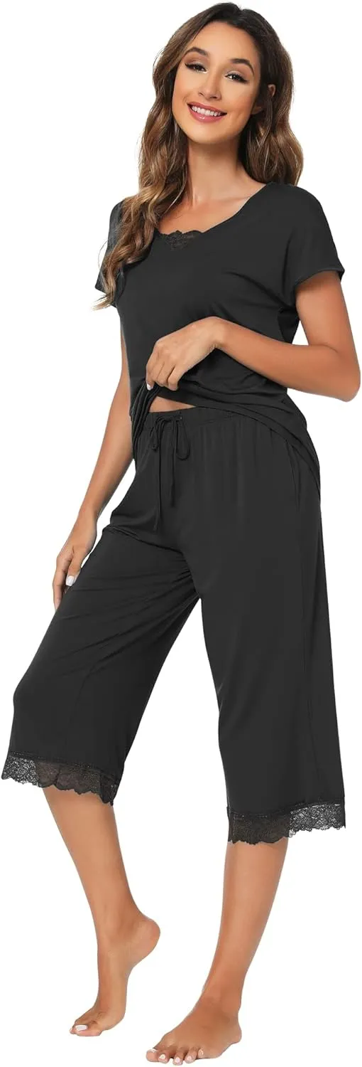 WiWi Pajamas Set for Women Summer Sleepwear Soft Tops Capri Pants Pjs Lounge Pajama Sets Viscose from Bamboo S-XXL