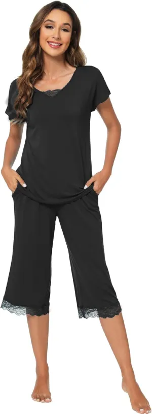 WiWi Pajamas Set for Women Summer Sleepwear Soft Tops Capri Pants Pjs Lounge Pajama Sets Viscose from Bamboo S-XXL