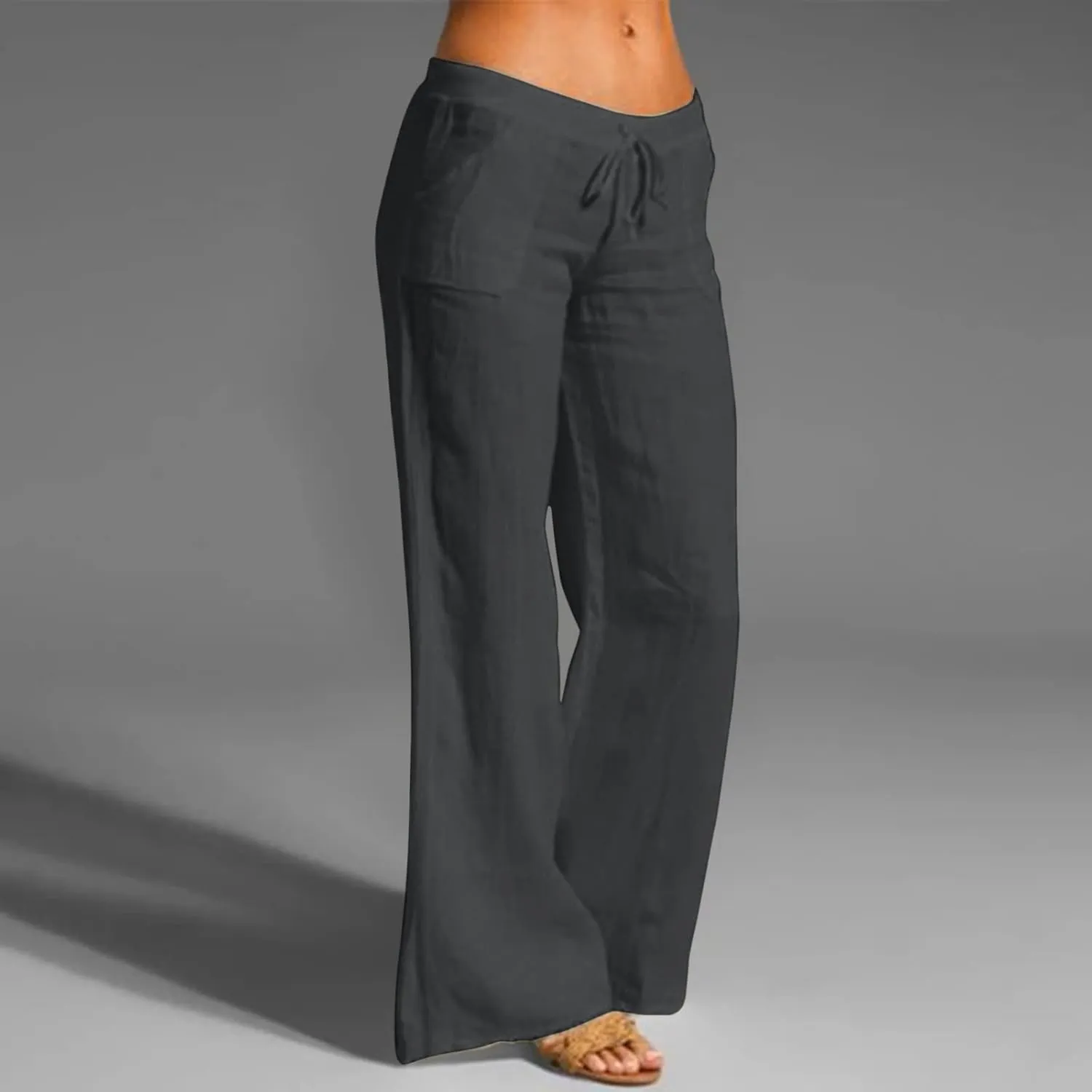 Women Linen Blend Summer Striped Palazzo Pants Elastic Waist Wide Leg Loose Fit Trouser Vacation