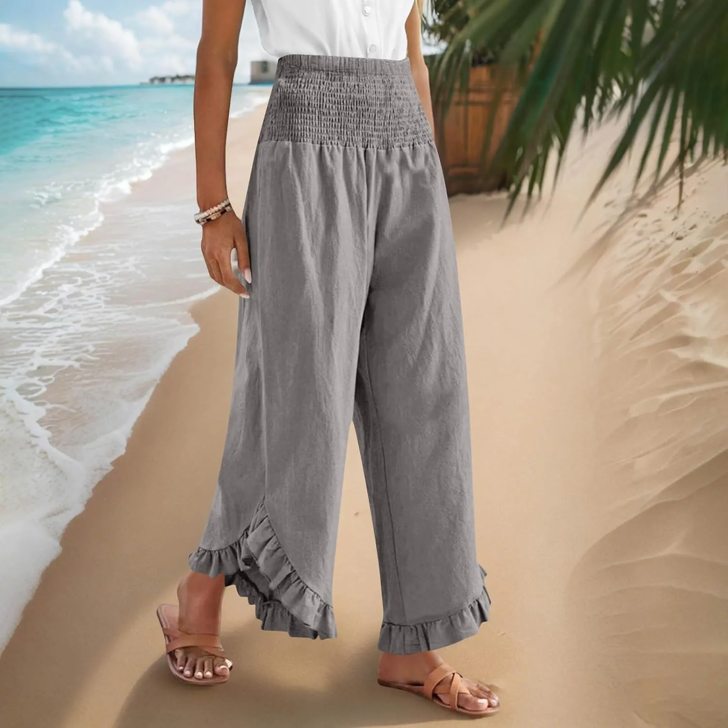 Women Palazzo Pants Summer Boho Flowy Wide Leg Smocked Waist Ruffle Hem Beach Gauze Trousers Pant Vacation Outfits
