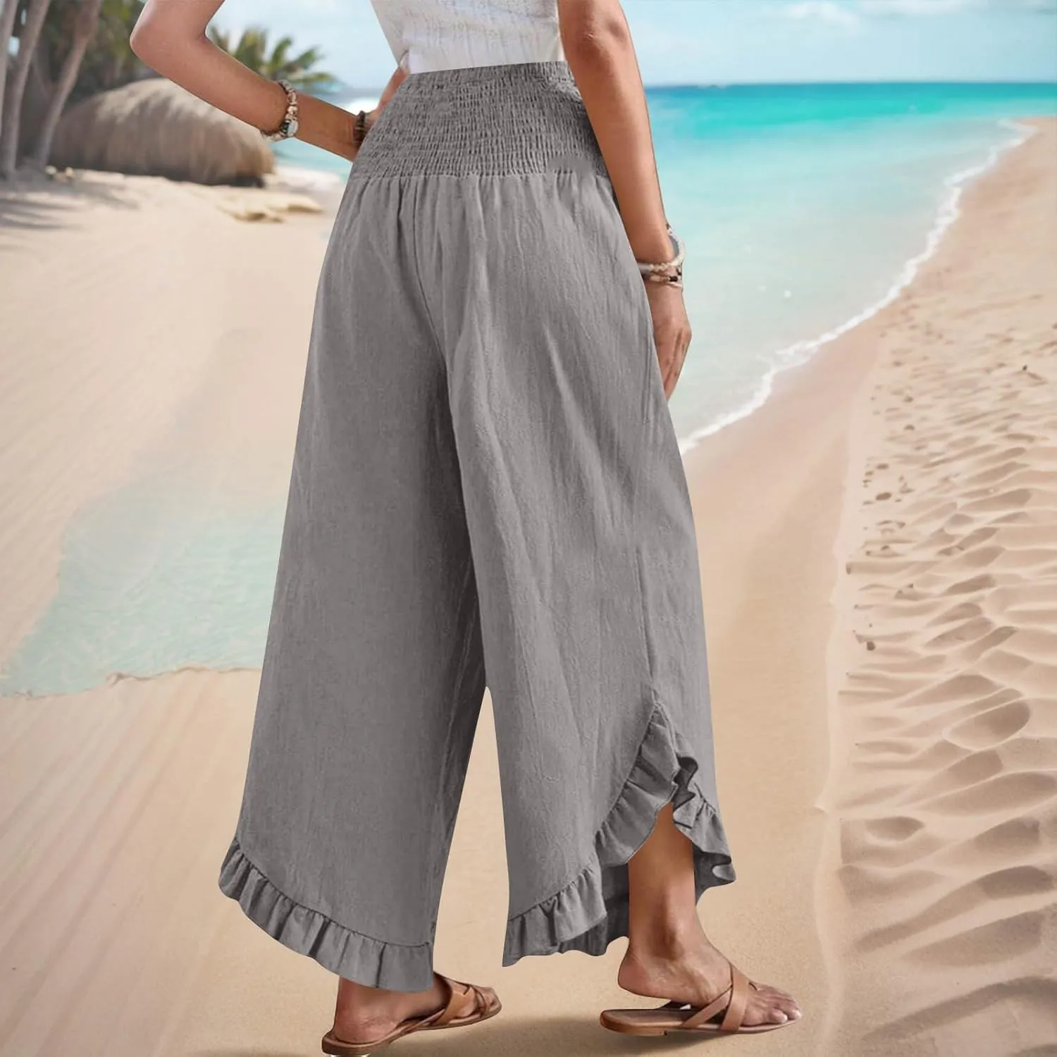 Women Palazzo Pants Summer Boho Flowy Wide Leg Smocked Waist Ruffle Hem Beach Gauze Trousers Pant Vacation Outfits