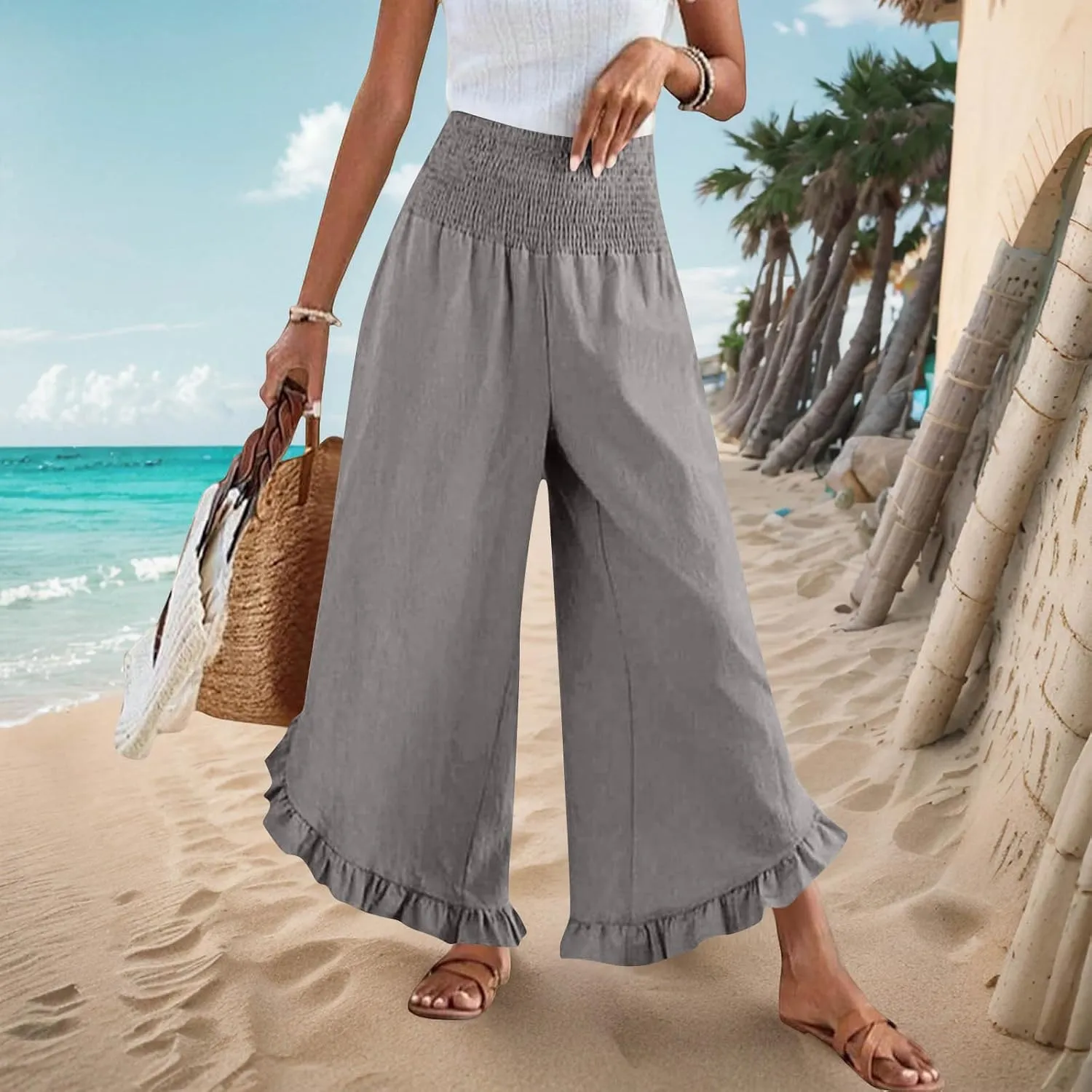 Women Palazzo Pants Summer Boho Flowy Wide Leg Smocked Waist Ruffle Hem Beach Gauze Trousers Pant Vacation Outfits