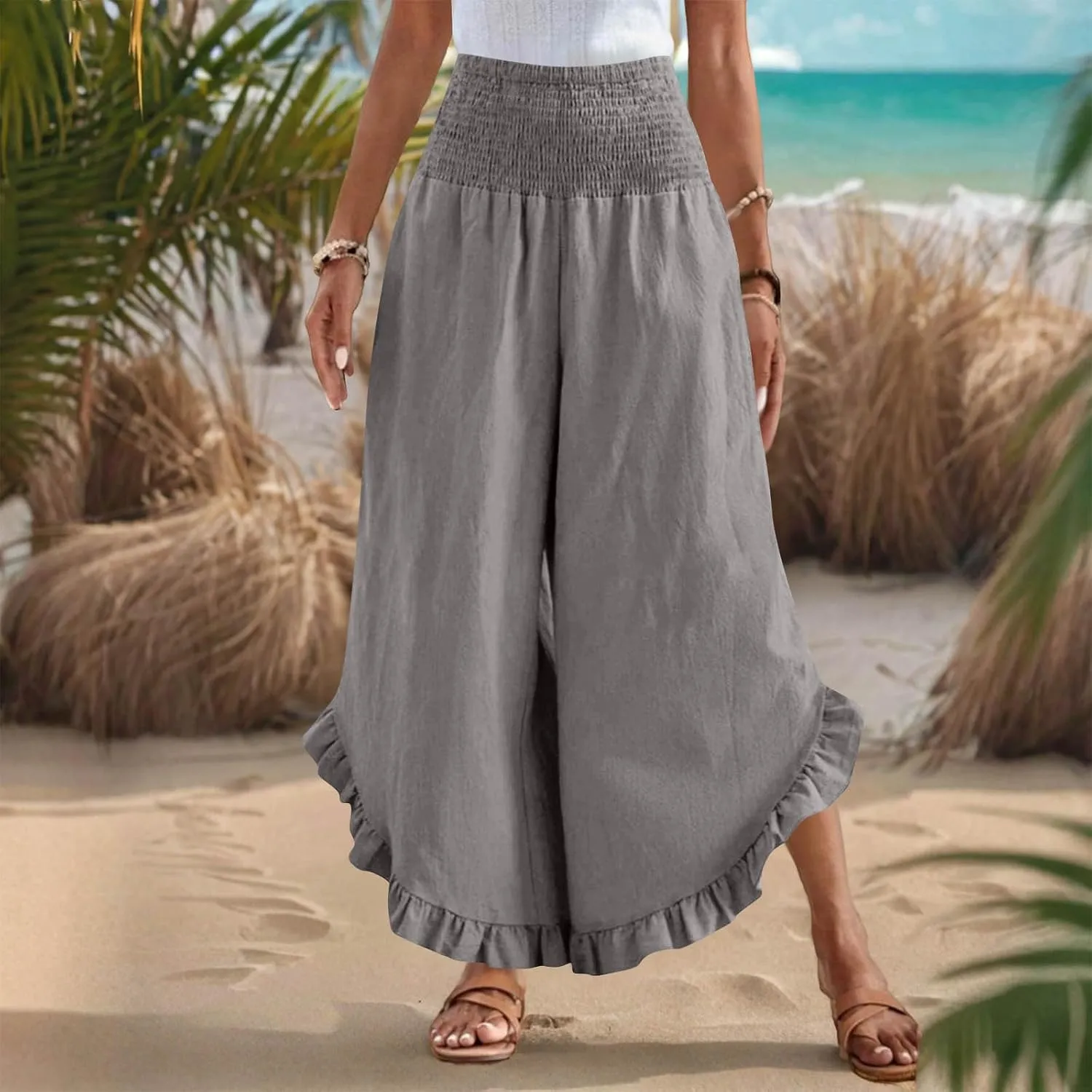 Women Palazzo Pants Summer Boho Flowy Wide Leg Smocked Waist Ruffle Hem Beach Gauze Trousers Pant Vacation Outfits