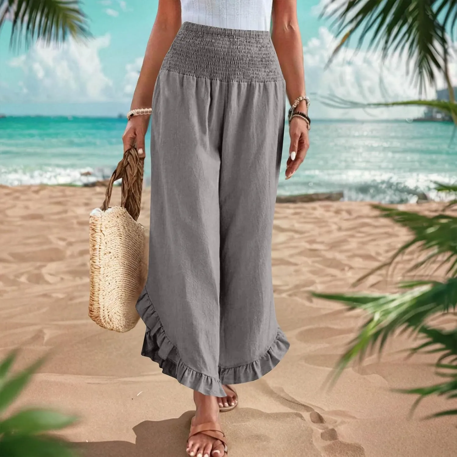 Women Palazzo Pants Summer Boho Flowy Wide Leg Smocked Waist Ruffle Hem Beach Gauze Trousers Pant Vacation Outfits