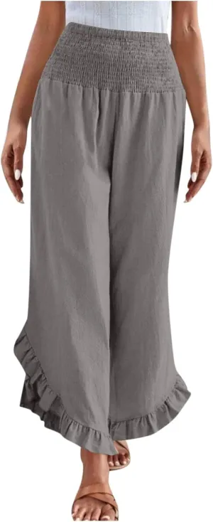 Women Palazzo Pants Summer Boho Flowy Wide Leg Smocked Waist Ruffle Hem Beach Gauze Trousers Pant Vacation Outfits