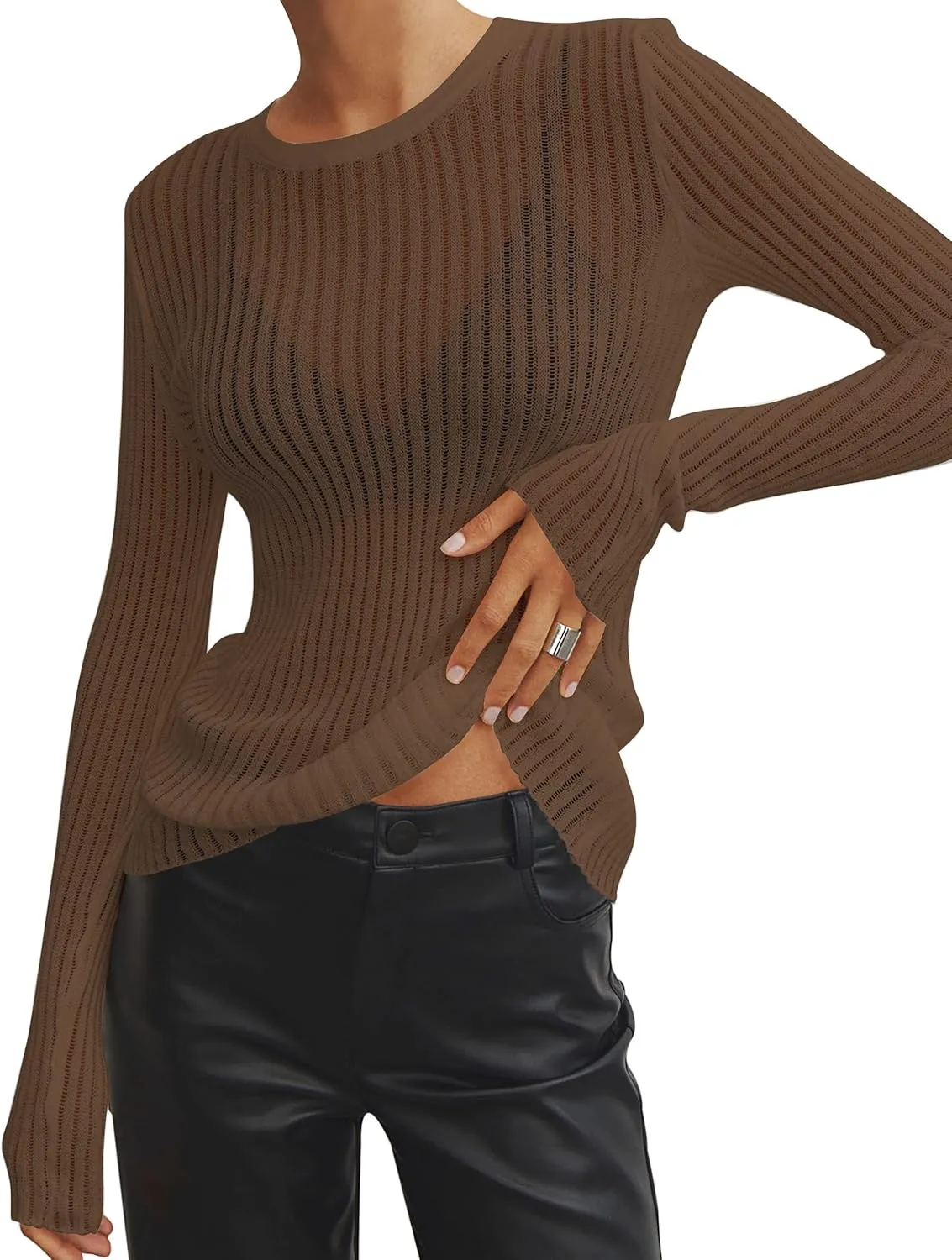 Women See Through T-Shirt Crew Neck Sheer Mesh Knit Sweater Solid Basic Long Sleeve Loose Fit Knit Pullover Jumper Top