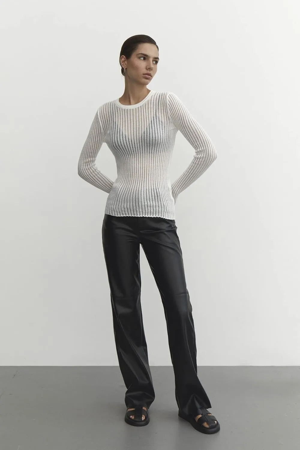Women See Through T-Shirt Crew Neck Sheer Mesh Knit Sweater Solid Basic Long Sleeve Loose Fit Knit Pullover Jumper Top