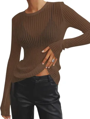 Women See Through T-Shirt Crew Neck Sheer Mesh Knit Sweater Solid Basic Long Sleeve Loose Fit Knit Pullover Jumper Top