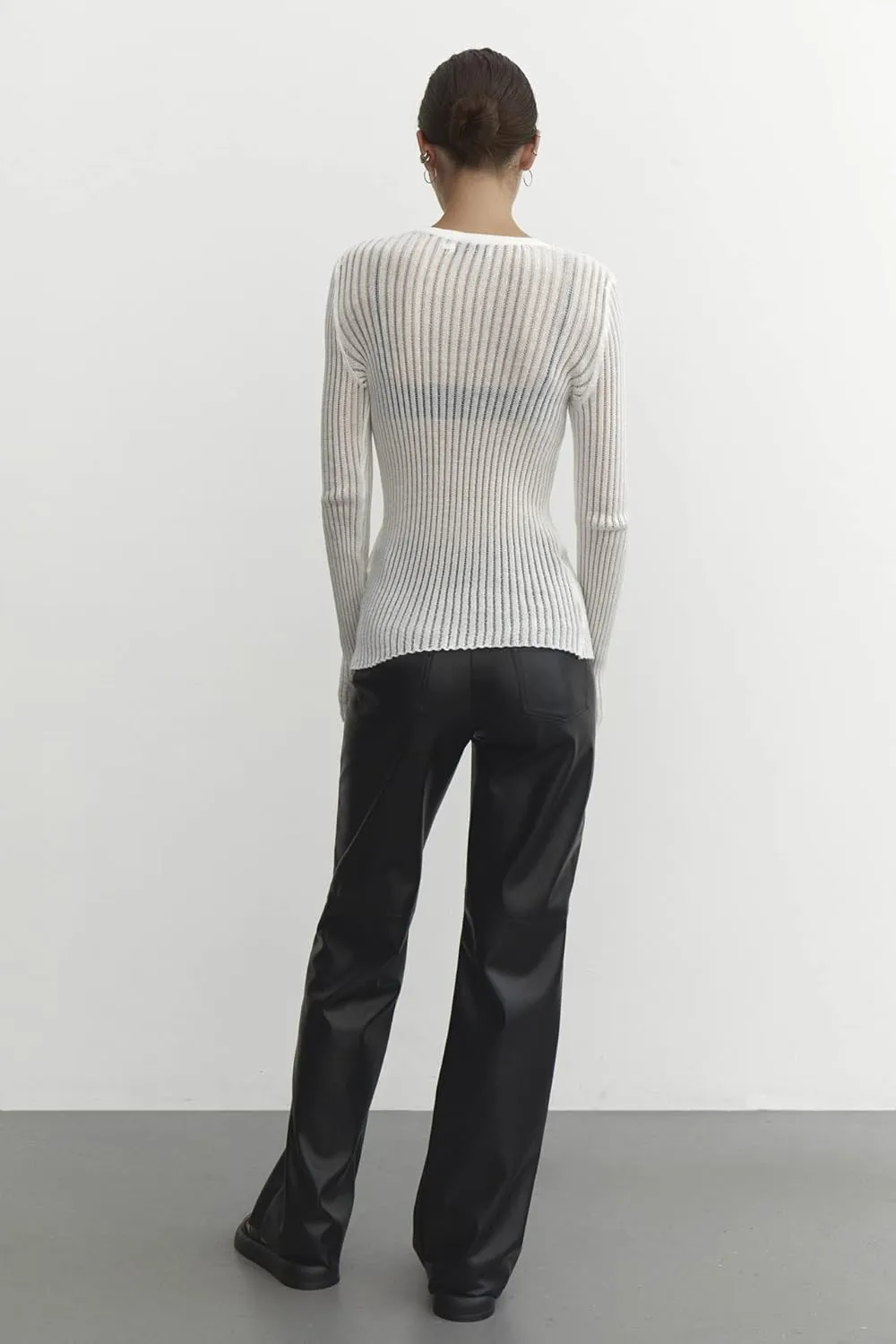 Women See Through T-Shirt Crew Neck Sheer Mesh Knit Sweater Solid Basic Long Sleeve Loose Fit Knit Pullover Jumper Top