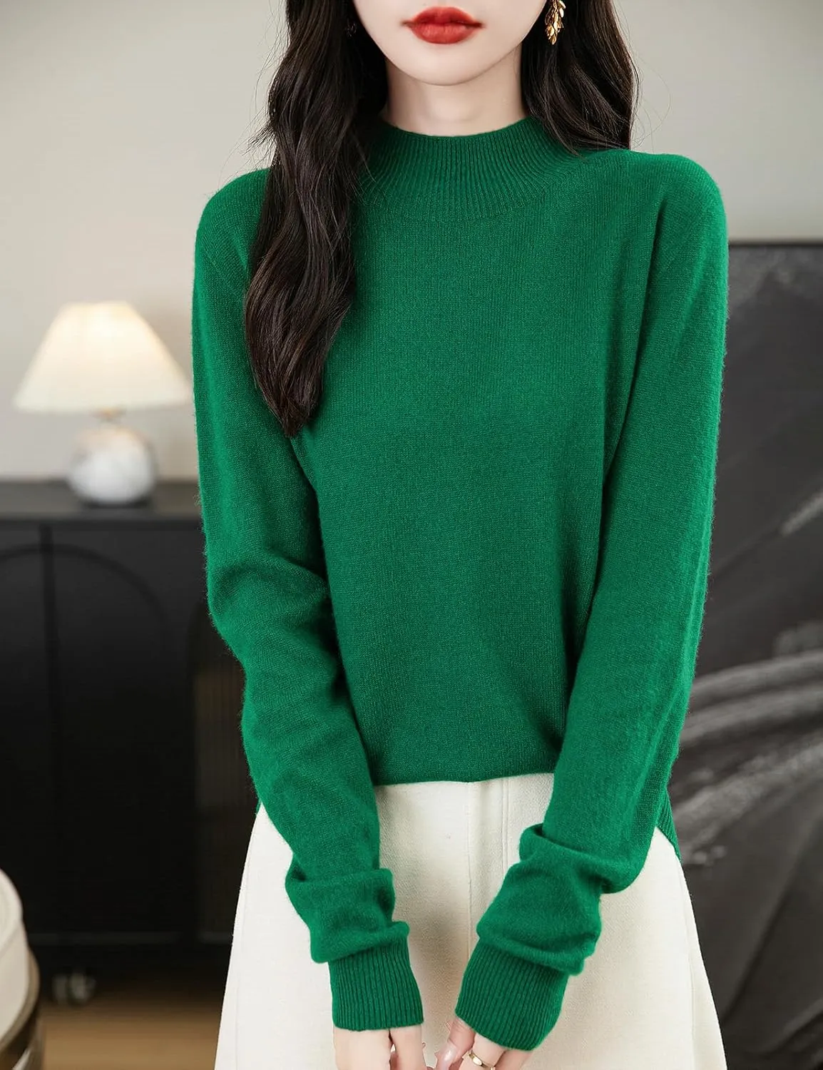 Women's 100% Merino Wool Seamless Sweater Mock Neck First-Line Ready to Wear Long Sleeve Knitted Pullover Tops