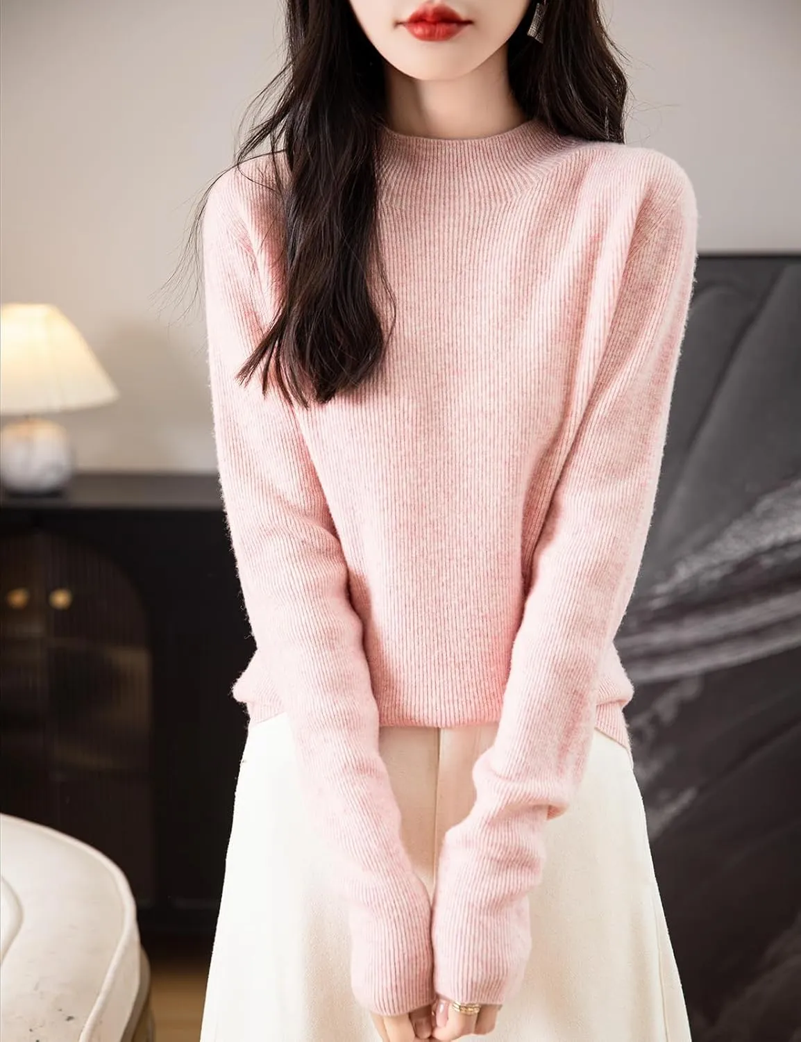 Women's 100% Merino Wool Seamless Sweater Mock Neck First-Line Ready to Wear Long Sleeve Ribbed Knit Pullover