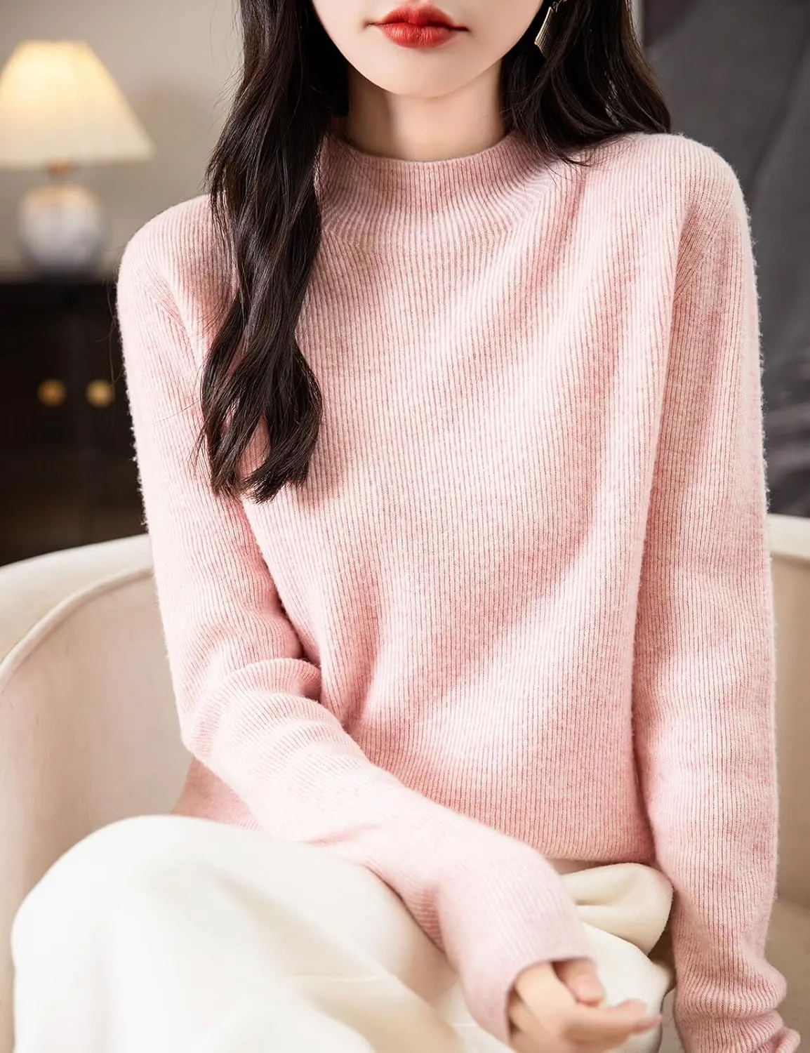 Women's 100% Merino Wool Seamless Sweater Mock Neck First-Line Ready to Wear Long Sleeve Ribbed Knit Pullover