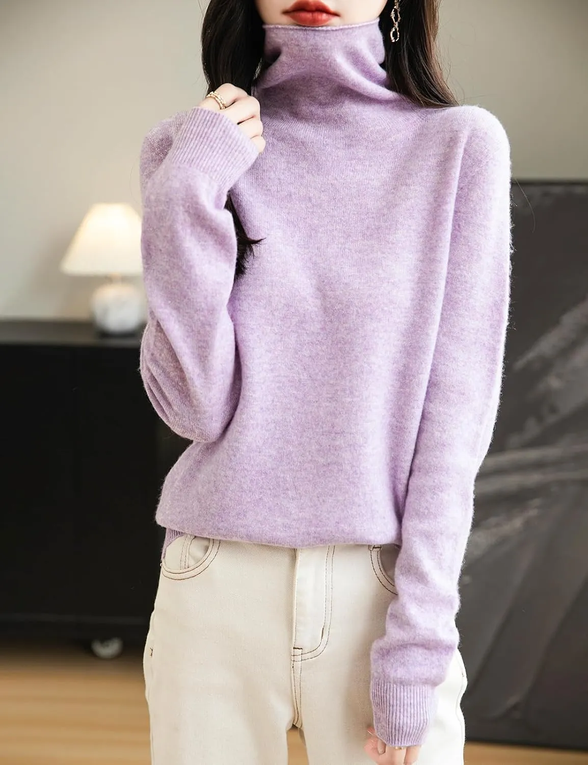 Women's 100% Merino Wool Seamless Sweater Turtleneck First-Line Ready to Wear Long Sleeve Knitted Pullover Tops