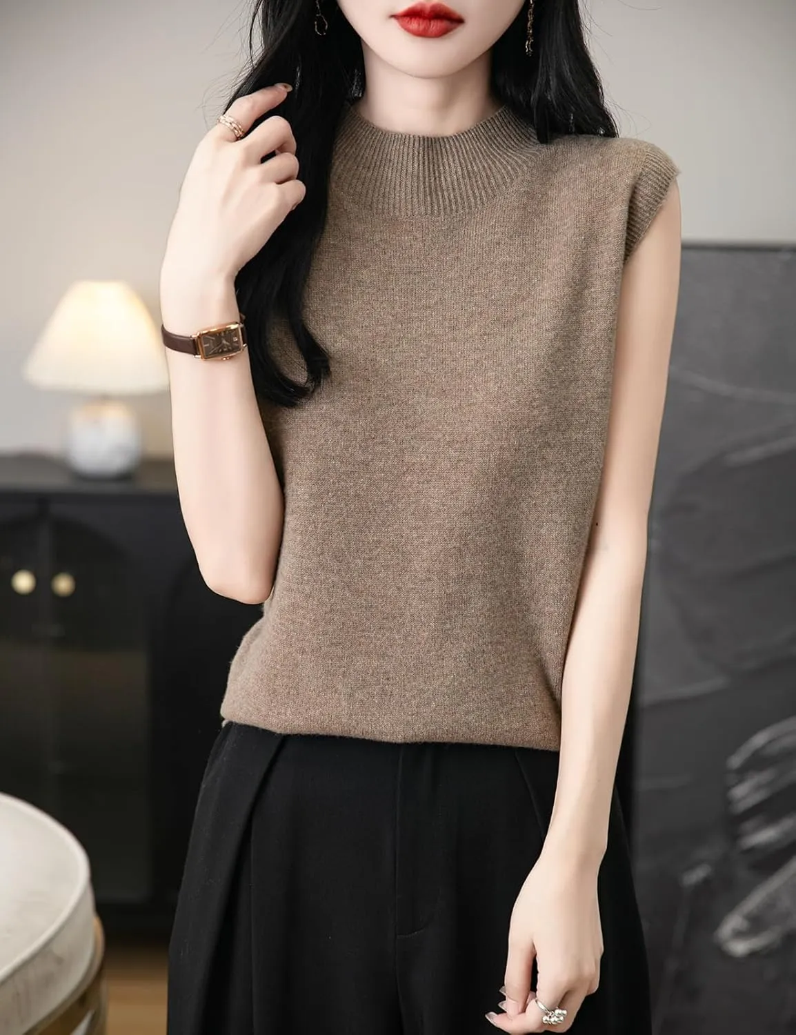 Women's 100% Merino Wool Spring Fall Winter First-Line Ready to Wear Mock Neck Seamless Knit Sleeveless Sweater Vest