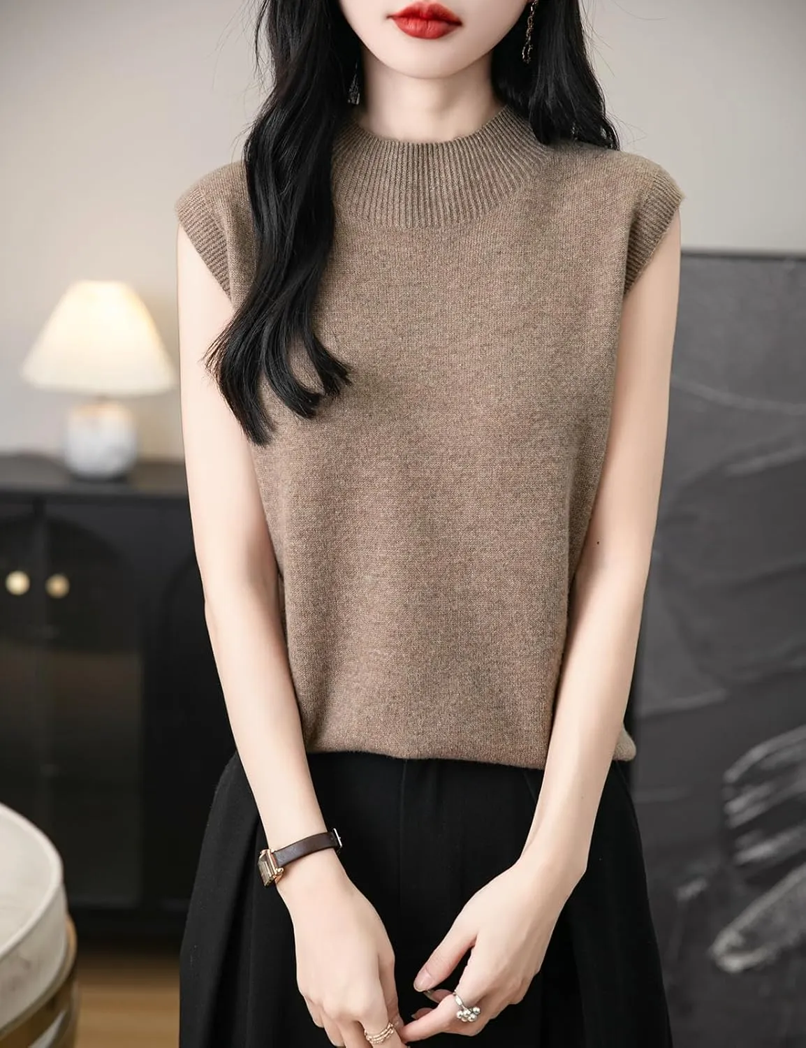 Women's 100% Merino Wool Spring Fall Winter First-Line Ready to Wear Mock Neck Seamless Knit Sleeveless Sweater Vest