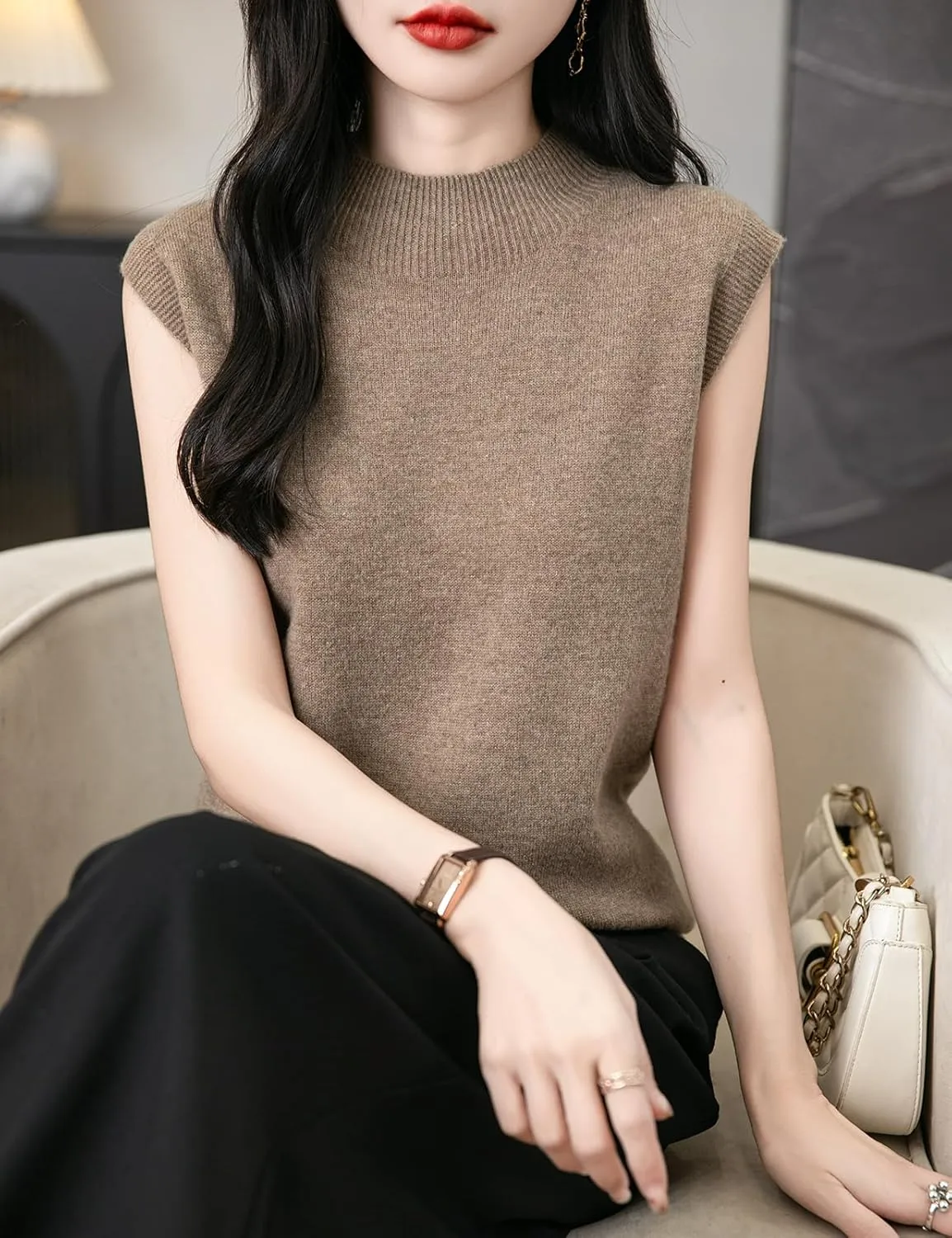 Women's 100% Merino Wool Spring Fall Winter First-Line Ready to Wear Mock Neck Seamless Knit Sleeveless Sweater Vest