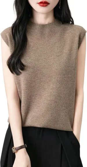 Women's 100% Merino Wool Spring Fall Winter First-Line Ready to Wear Mock Neck Seamless Knit Sleeveless Sweater Vest