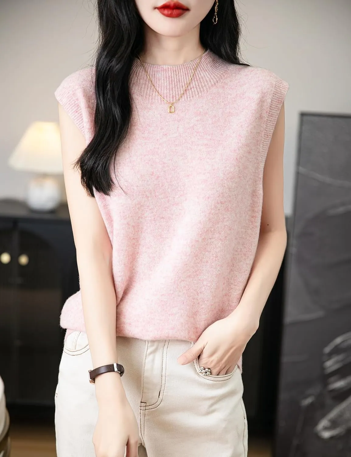 Women's 100% Merino Wool Spring Fall Winter First-Line Ready to Wear Mock Neck Seamless Knit Sleeveless Sweater Vest