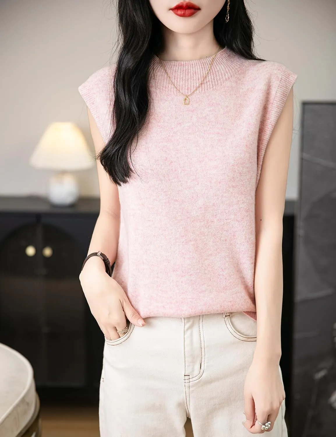 Women's 100% Merino Wool Spring Fall Winter First-Line Ready to Wear Mock Neck Seamless Knit Sleeveless Sweater Vest