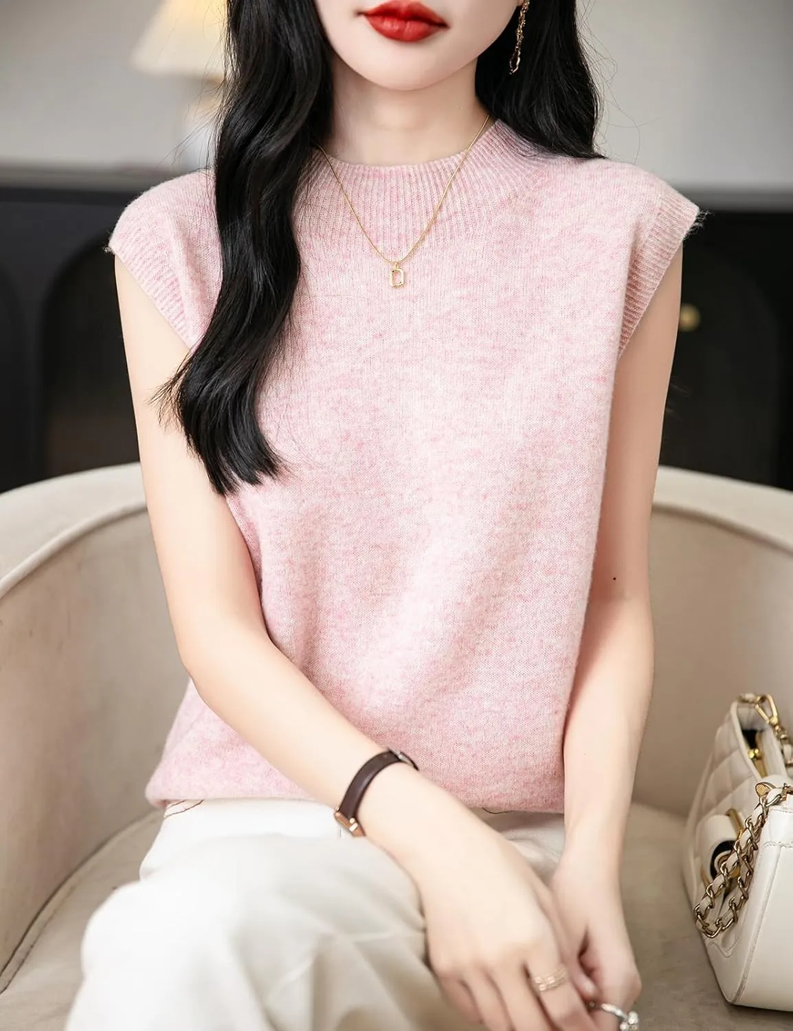 Women's 100% Merino Wool Spring Fall Winter First-Line Ready to Wear Mock Neck Seamless Knit Sleeveless Sweater Vest