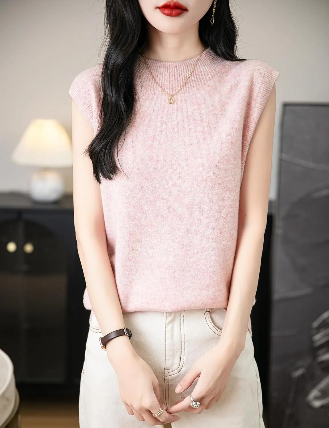 Women's 100% Merino Wool Spring Fall Winter First-Line Ready to Wear Mock Neck Seamless Knit Sleeveless Sweater Vest