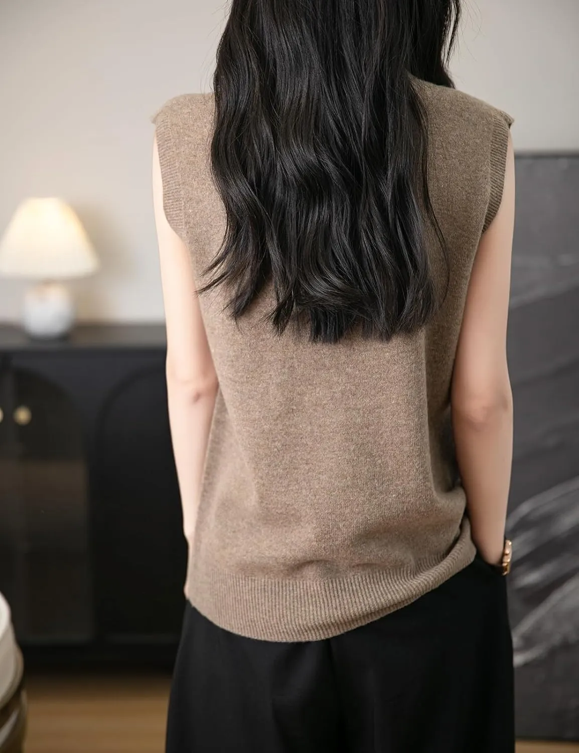 Women's 100% Merino Wool Spring Fall Winter First-Line Ready to Wear Mock Neck Seamless Knit Sleeveless Sweater Vest