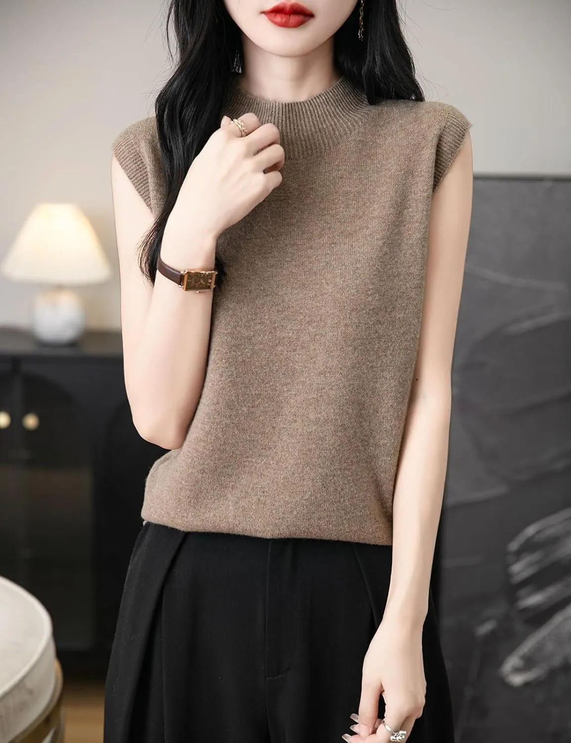 Women's 100% Merino Wool Spring Fall Winter First-Line Ready to Wear Mock Neck Seamless Knit Sleeveless Sweater Vest