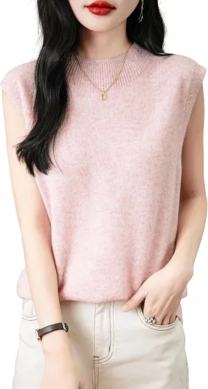 Women's 100% Merino Wool Spring Fall Winter First-Line Ready to Wear Mock Neck Seamless Knit Sleeveless Sweater Vest