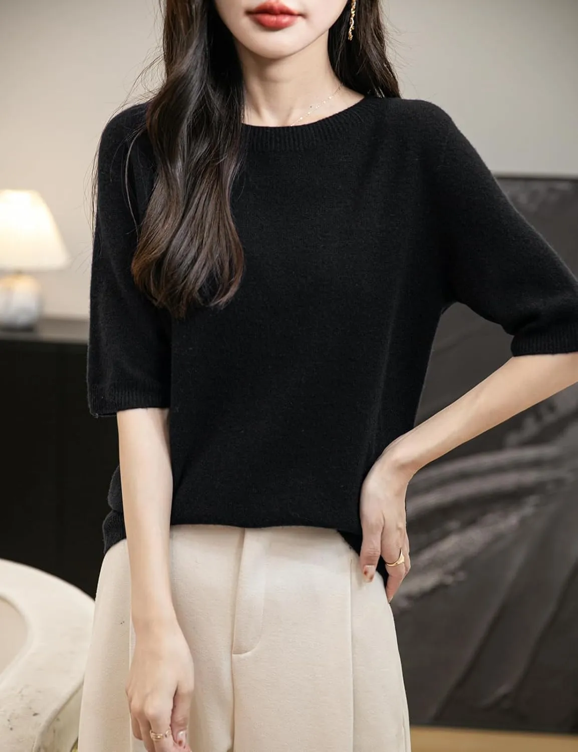Women's 100% Merino Wool Spring Fall Winter First-Line Ready to Wear Seamless Knit Crewneck Short Sleeve Sweater