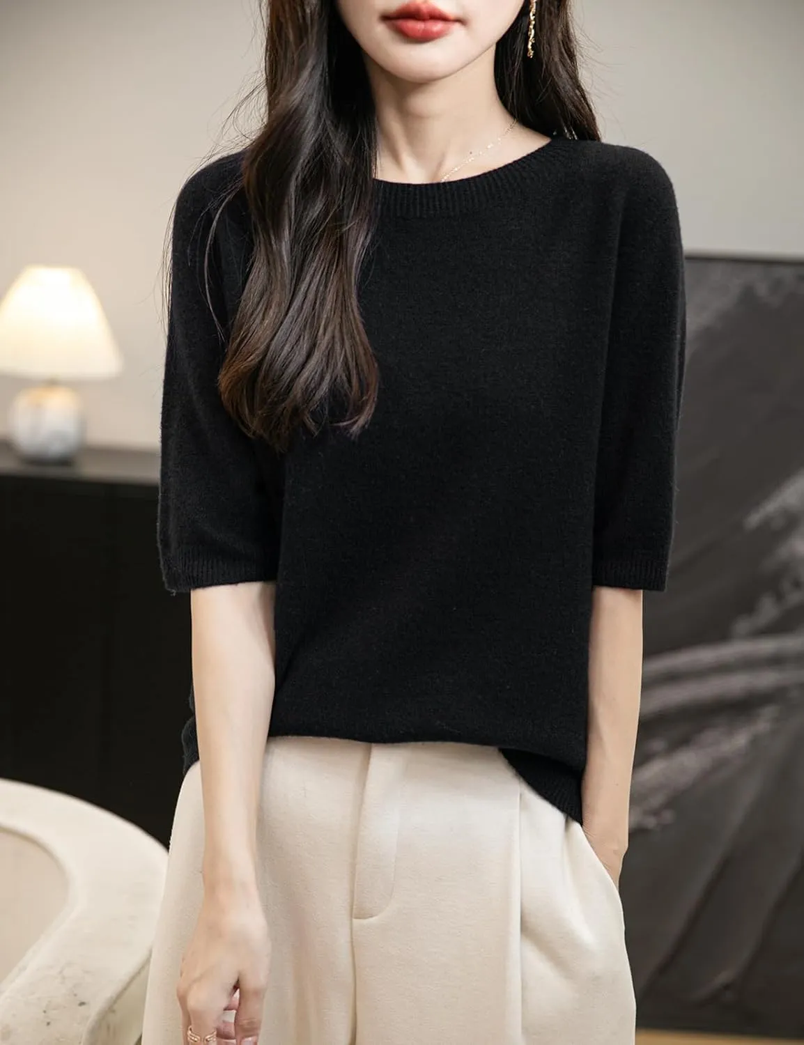 Women's 100% Merino Wool Spring Fall Winter First-Line Ready to Wear Seamless Knit Crewneck Short Sleeve Sweater