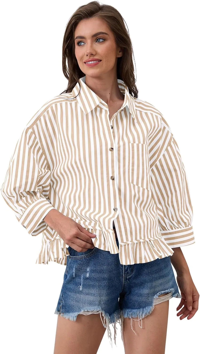 Womens 3/4 Length Sleeve Striped Button Down Shirt Loose Fit Drop Shoulder Trendy Ruffle Hem Striped Blouses Top