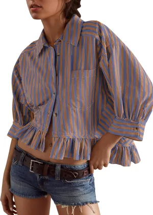 Womens 3/4 Length Sleeve Striped Button Down Shirt Loose Fit Drop Shoulder Trendy Ruffle Hem Striped Blouses Top