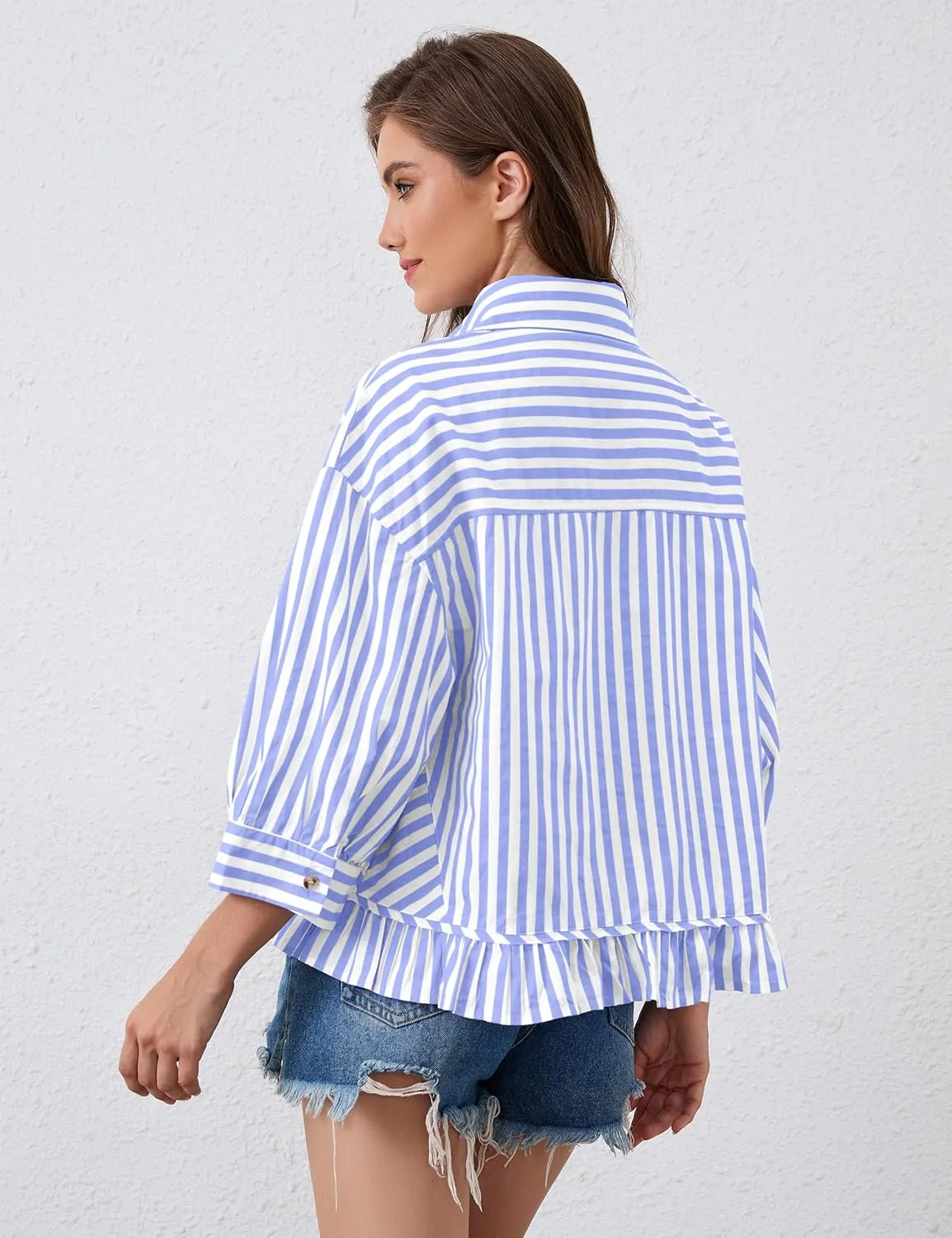 Womens 3/4 Length Sleeve Striped Button Down Shirt Loose Fit Drop Shoulder Trendy Ruffle Hem Striped Blouses Top