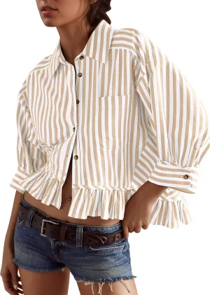 Womens 3/4 Length Sleeve Striped Button Down Shirt Loose Fit Drop Shoulder Trendy Ruffle Hem Striped Blouses Top