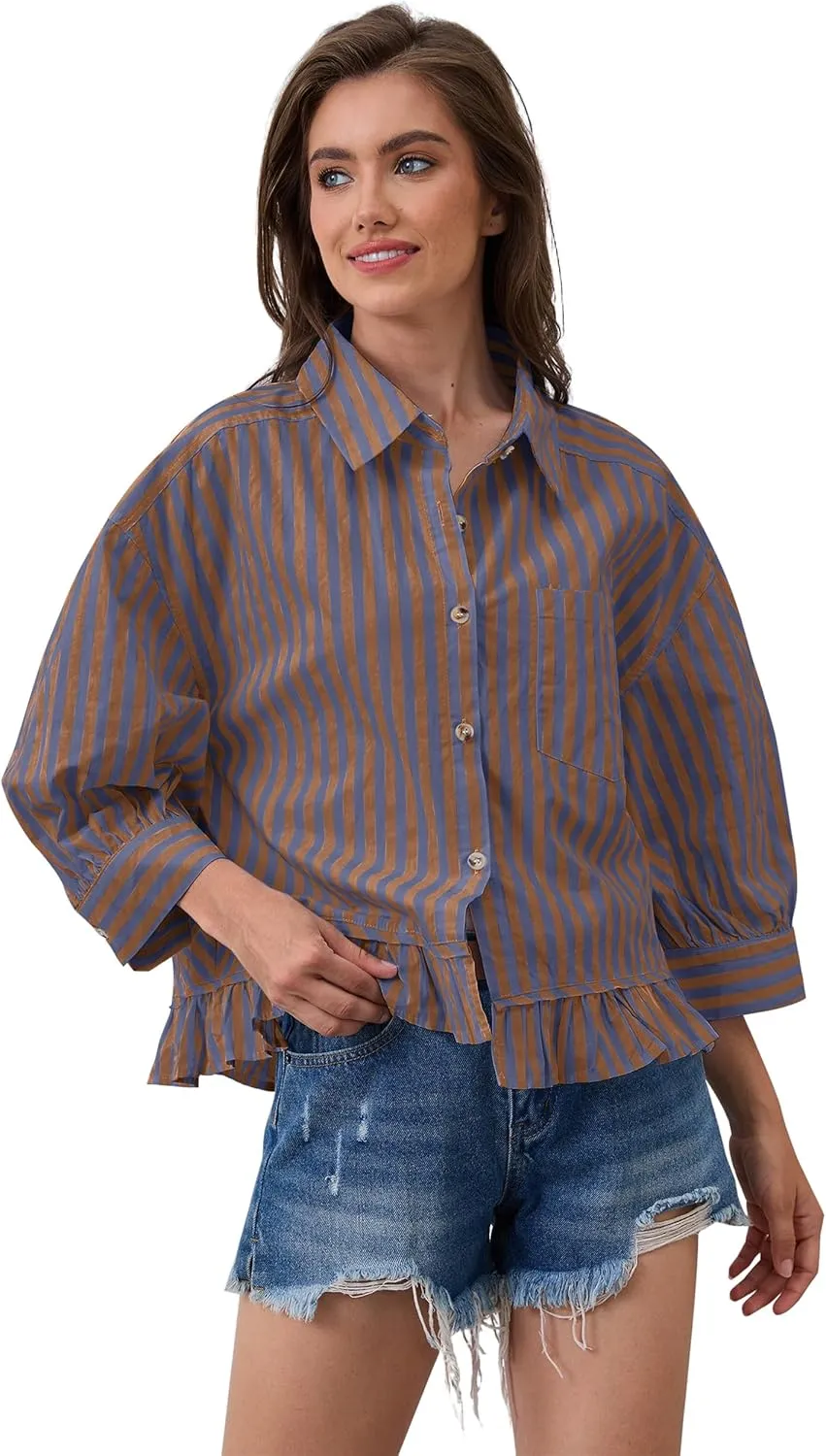 Womens 3/4 Length Sleeve Striped Button Down Shirt Loose Fit Drop Shoulder Trendy Ruffle Hem Striped Blouses Top