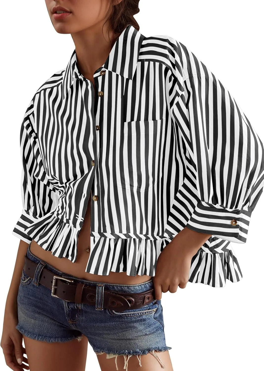 Womens 3/4 Length Sleeve Striped Button Down Shirt Loose Fit Drop Shoulder Trendy Ruffle Hem Striped Blouses Top