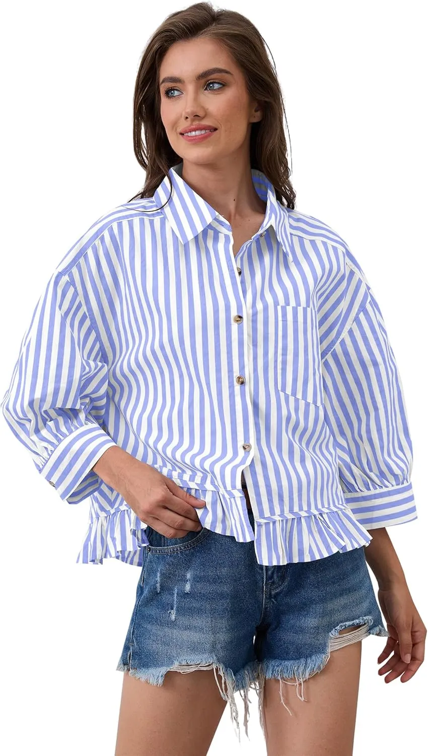 Womens 3/4 Length Sleeve Striped Button Down Shirt Loose Fit Drop Shoulder Trendy Ruffle Hem Striped Blouses Top