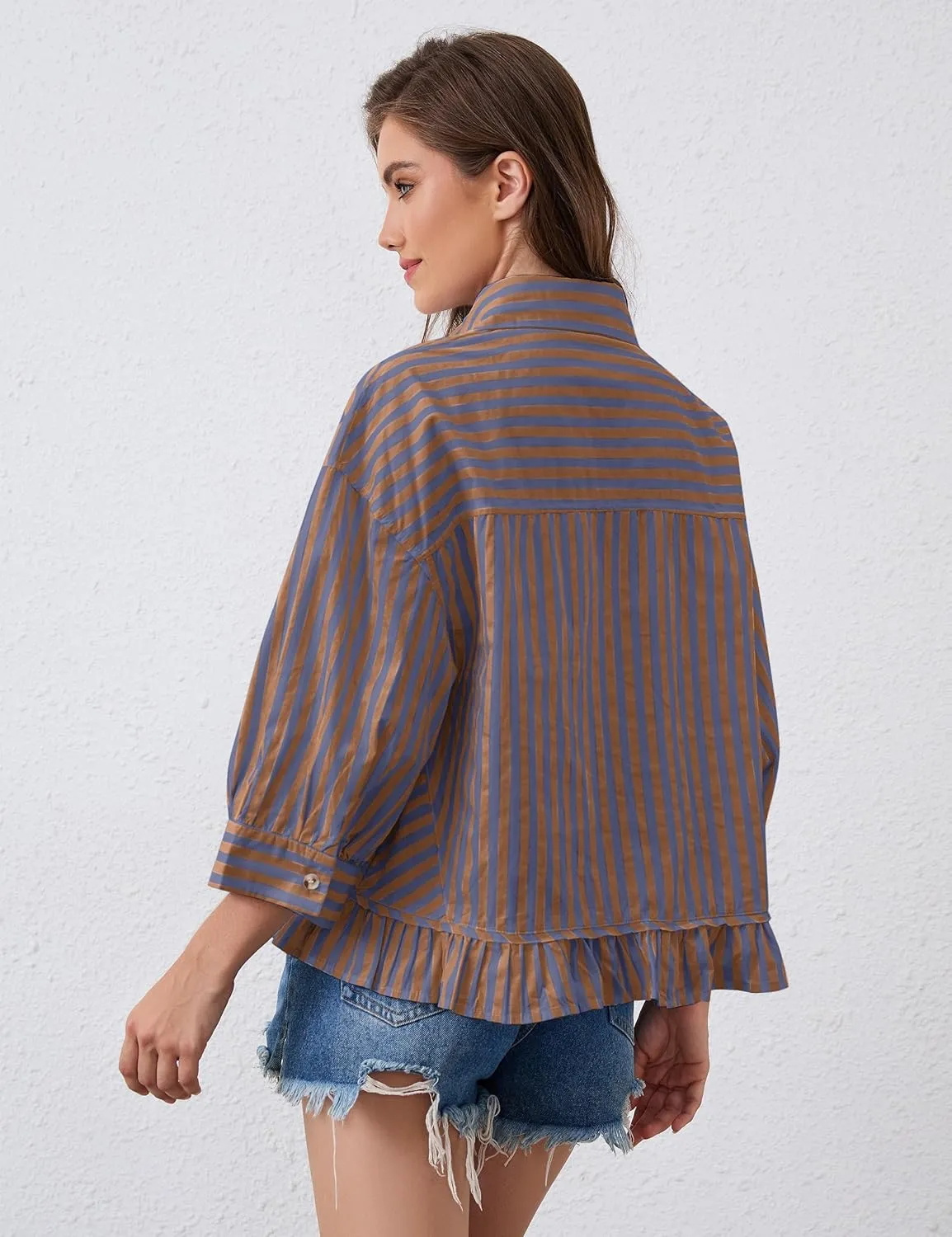 Womens 3/4 Length Sleeve Striped Button Down Shirt Loose Fit Drop Shoulder Trendy Ruffle Hem Striped Blouses Top