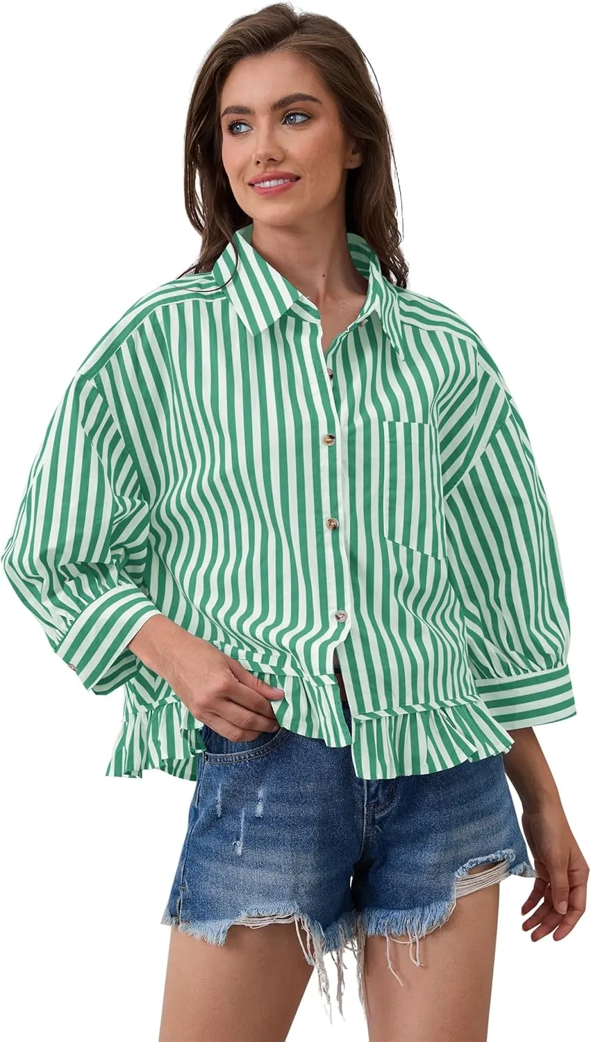 Womens 3/4 Length Sleeve Striped Button Down Shirt Loose Fit Drop Shoulder Trendy Ruffle Hem Striped Blouses Top