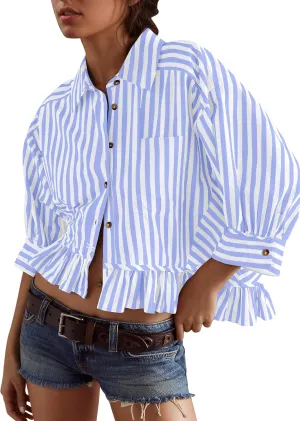 Womens 3/4 Length Sleeve Striped Button Down Shirt Loose Fit Drop Shoulder Trendy Ruffle Hem Striped Blouses Top