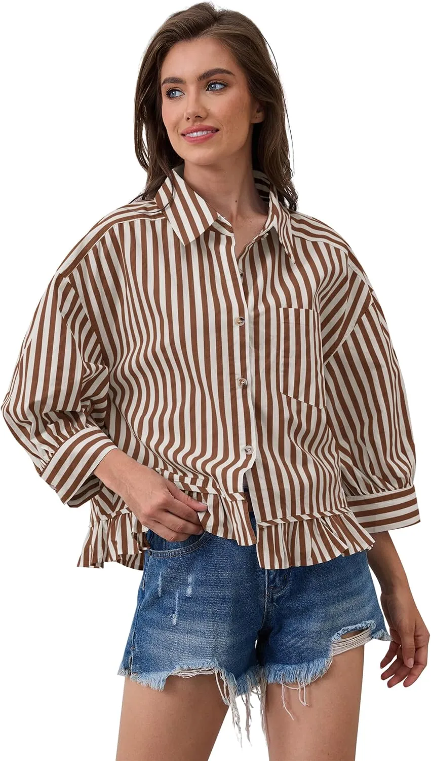 Womens 3/4 Length Sleeve Striped Button Down Shirt Loose Fit Drop Shoulder Trendy Ruffle Hem Striped Blouses Top