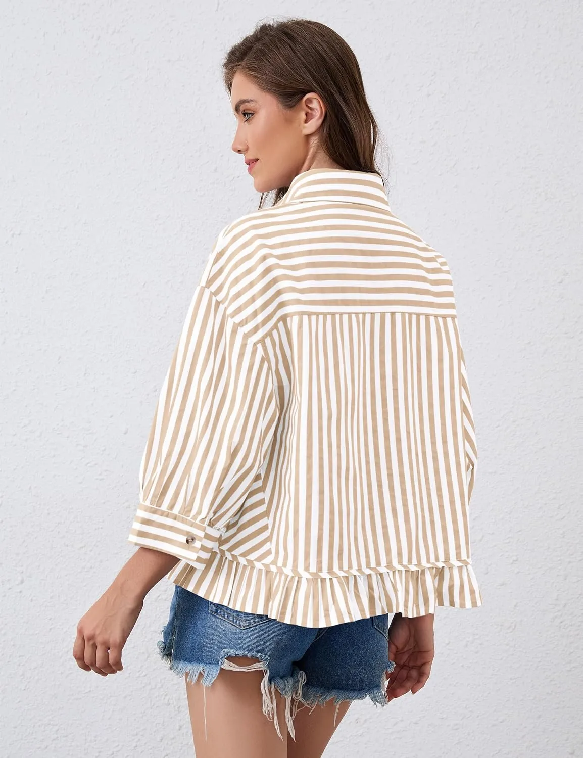 Womens 3/4 Length Sleeve Striped Button Down Shirt Loose Fit Drop Shoulder Trendy Ruffle Hem Striped Blouses Top