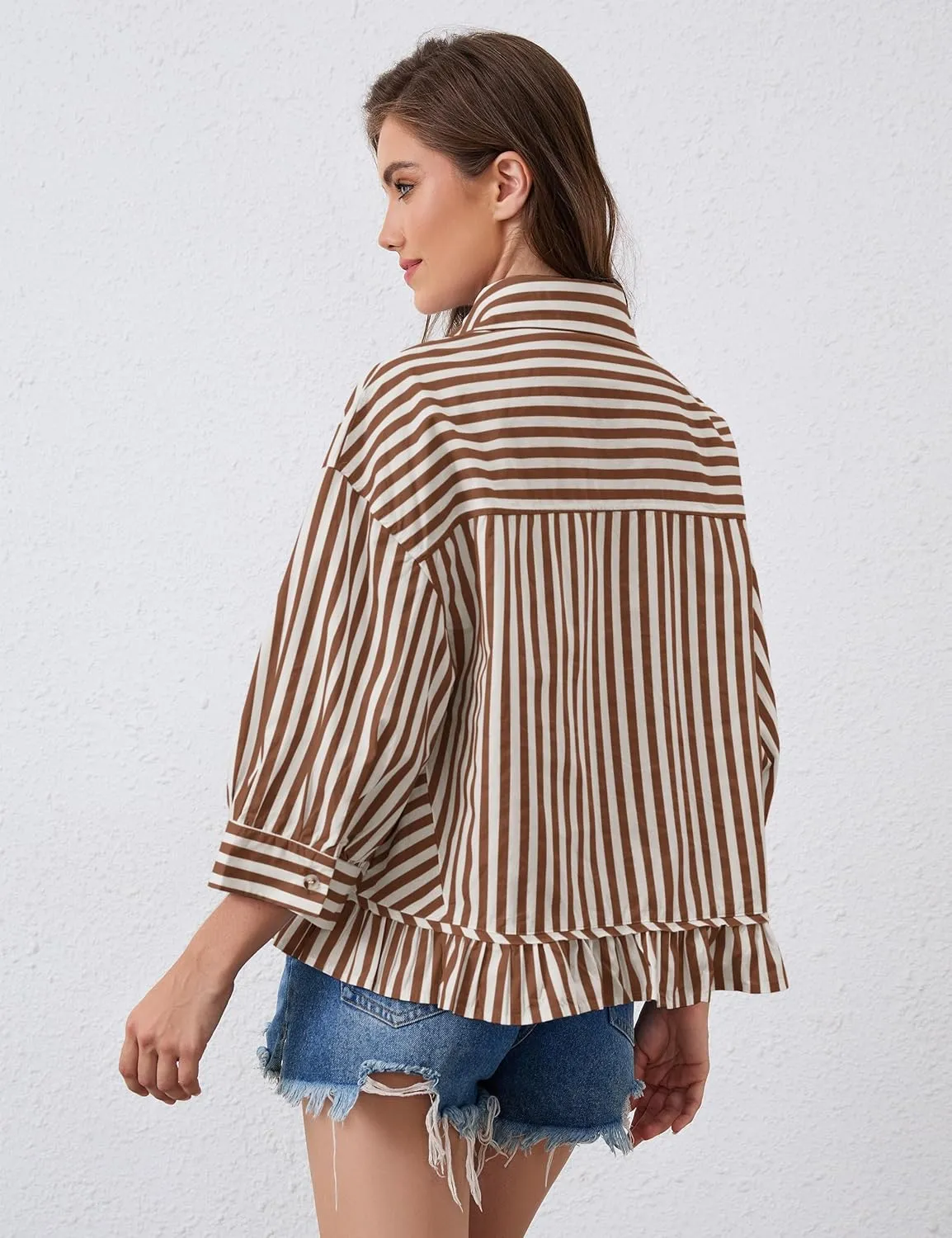 Womens 3/4 Length Sleeve Striped Button Down Shirt Loose Fit Drop Shoulder Trendy Ruffle Hem Striped Blouses Top