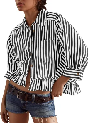 Womens 3/4 Length Sleeve Striped Button Down Shirt Loose Fit Drop Shoulder Trendy Ruffle Hem Striped Blouses Top