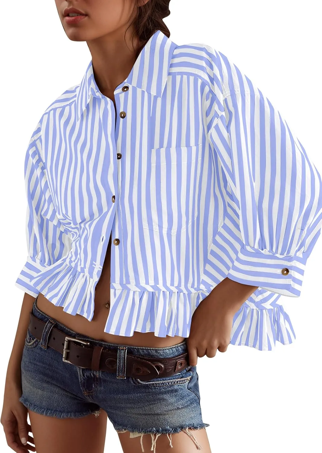 Womens 3/4 Length Sleeve Striped Button Down Shirt Loose Fit Drop Shoulder Trendy Ruffle Hem Striped Blouses Top