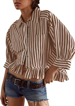 Womens 3/4 Length Sleeve Striped Button Down Shirt Loose Fit Drop Shoulder Trendy Ruffle Hem Striped Blouses Top