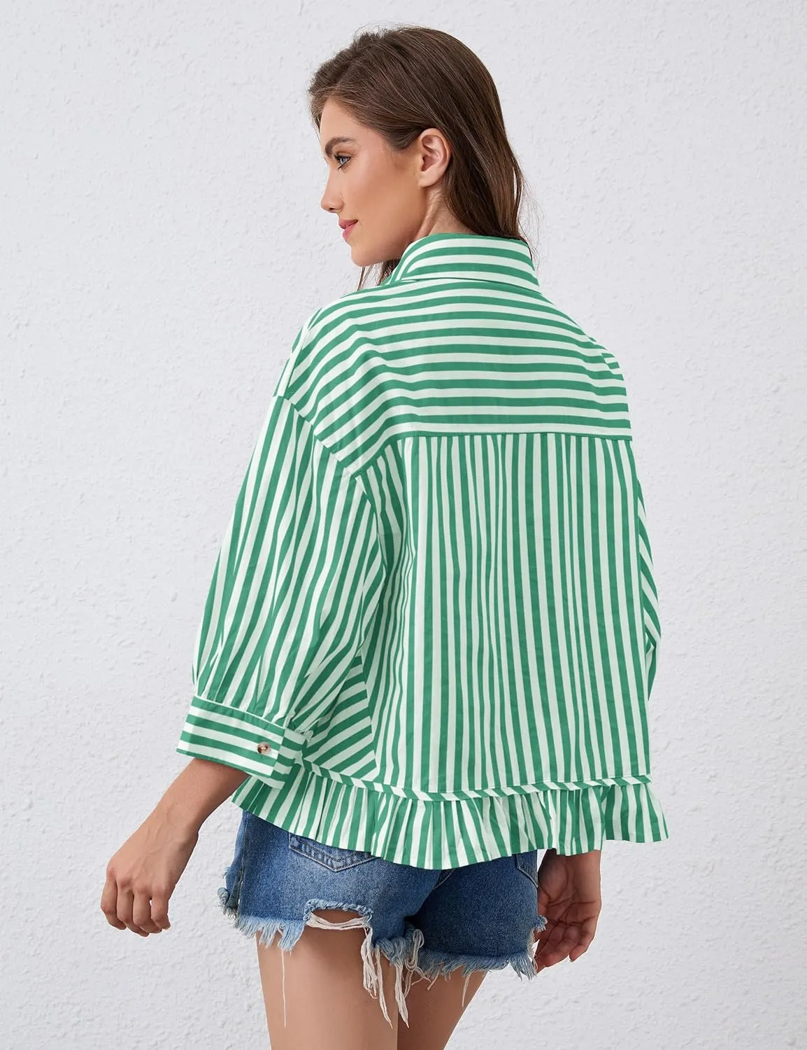 Womens 3/4 Length Sleeve Striped Button Down Shirt Loose Fit Drop Shoulder Trendy Ruffle Hem Striped Blouses Top