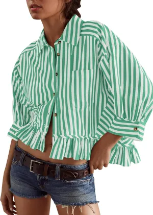 Womens 3/4 Length Sleeve Striped Button Down Shirt Loose Fit Drop Shoulder Trendy Ruffle Hem Striped Blouses Top