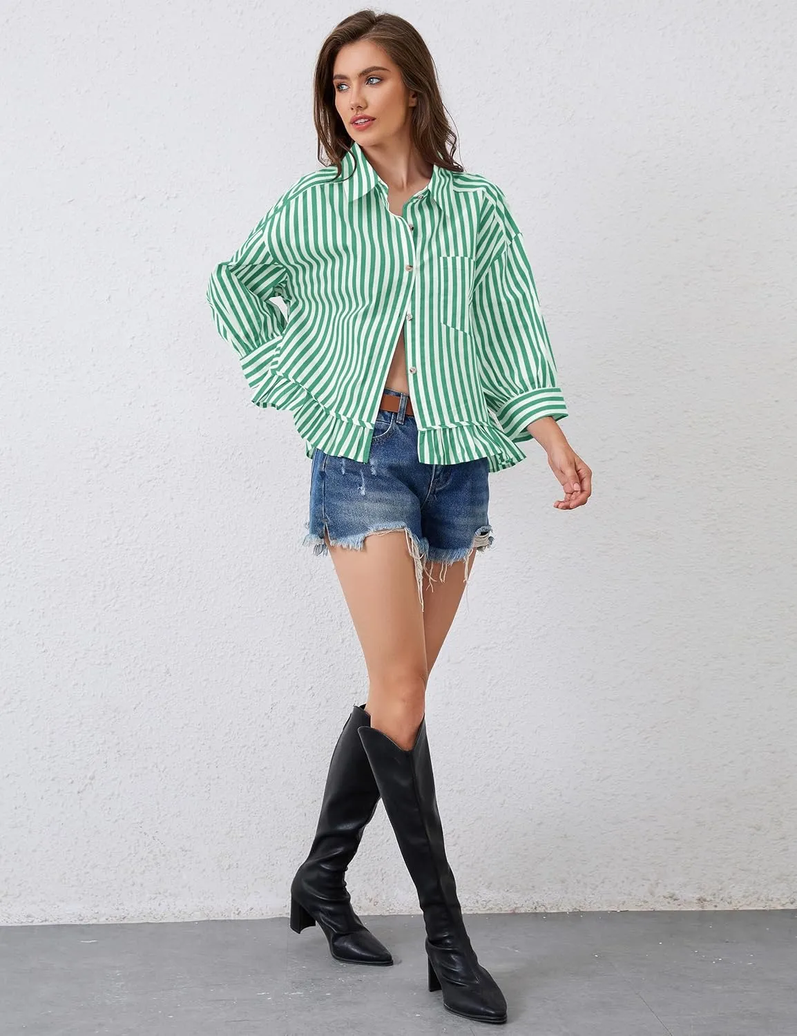 Womens 3/4 Length Sleeve Striped Button Down Shirt Loose Fit Drop Shoulder Trendy Ruffle Hem Striped Blouses Top