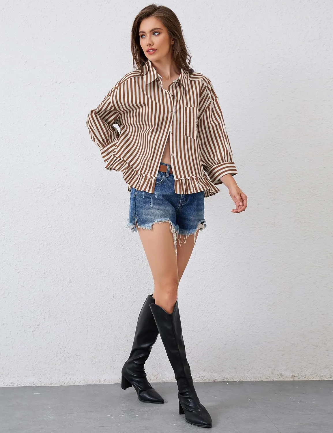 Womens 3/4 Length Sleeve Striped Button Down Shirt Loose Fit Drop Shoulder Trendy Ruffle Hem Striped Blouses Top